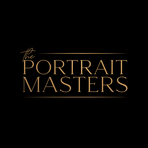 the portrait masters logo in gold with a black background